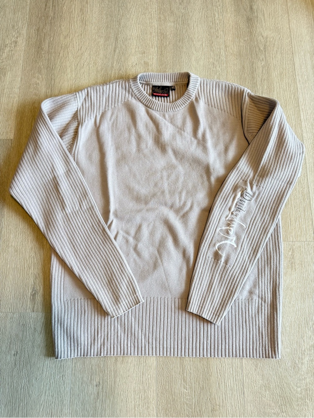 Y2K Quiksilver Ribbed Knit Sweater XL Beige Embroidered Sleeve